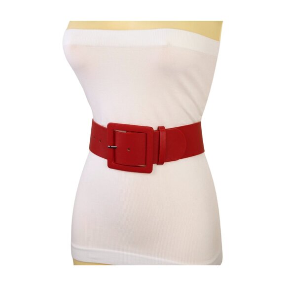 Women Red Faux Leather Waistband Fashion Belt Hip Waist Big Square Buckle M L - Picture 2 of 16